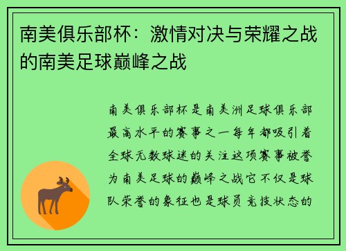 南美俱乐部杯：激情对决与荣耀之战的南美足球巅峰之战