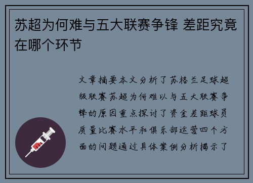 苏超为何难与五大联赛争锋 差距究竟在哪个环节